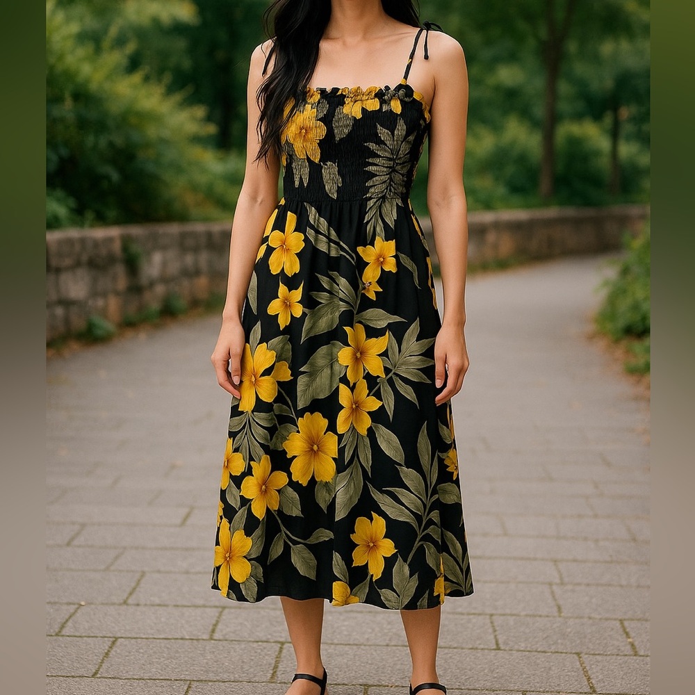 Hawaiian Black and Yellow Floral Midi Dress with Tie Spaghetti Straps